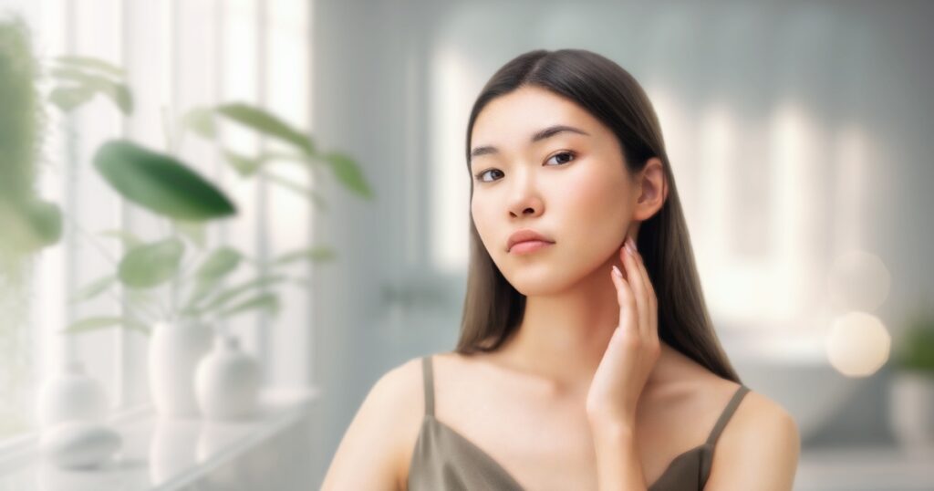 a young woman with smooth, radiant skin and straight dark hair, gently touching her neck while looking confidently at the camera.