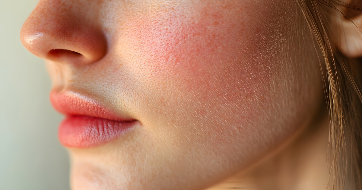 Close-up of a woman’s face highlighting areas with pigmentation and redness, demonstrating IPL target areas