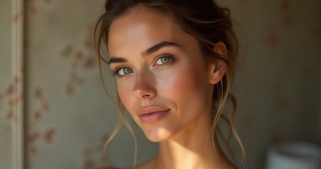 Close-up portrait of a woman with soft, natural makeup and glowing skin, green eyes, and neatly groomed eyebrows. Her light brown hair is loosely styled back with a few wisps framing her face. Warm natural light highlights her cheekbones and forehead, creating a calm, elegant mood against a softly blurred, neutral-toned background.