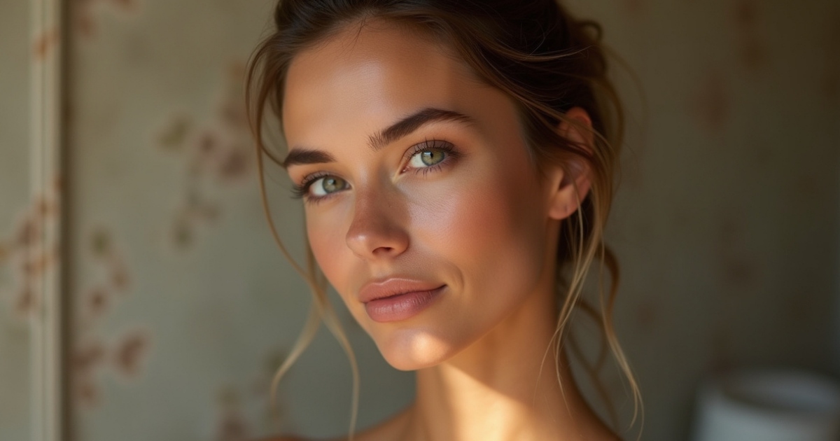 Close-up portrait of a woman with soft, natural makeup and glowing skin, green eyes, and neatly groomed eyebrows. Her light brown hair is loosely styled back with a few wisps framing her face. Warm natural light highlights her cheekbones and forehead, creating a calm, elegant mood against a softly blurred, neutral-toned background.