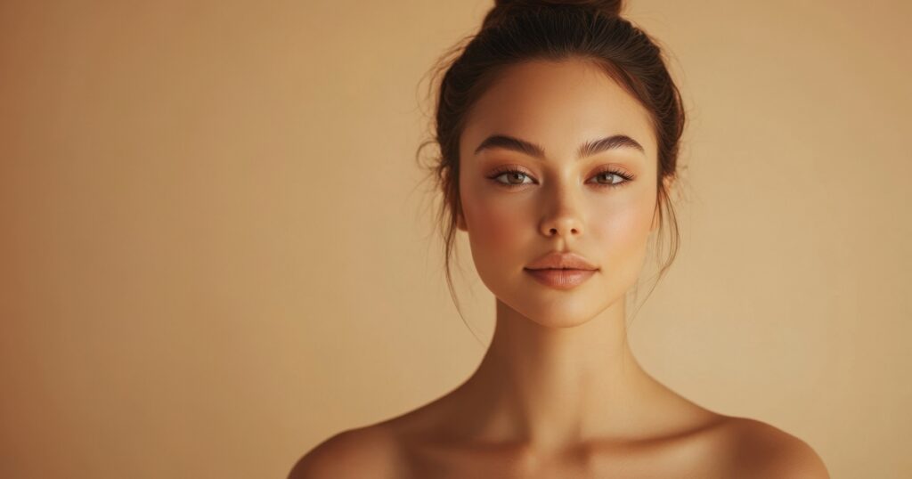 Close-up portrait of a young woman with smooth skin and natural makeup, hair styled in a soft bun, posing against a warm beige background with soft, even lighting.