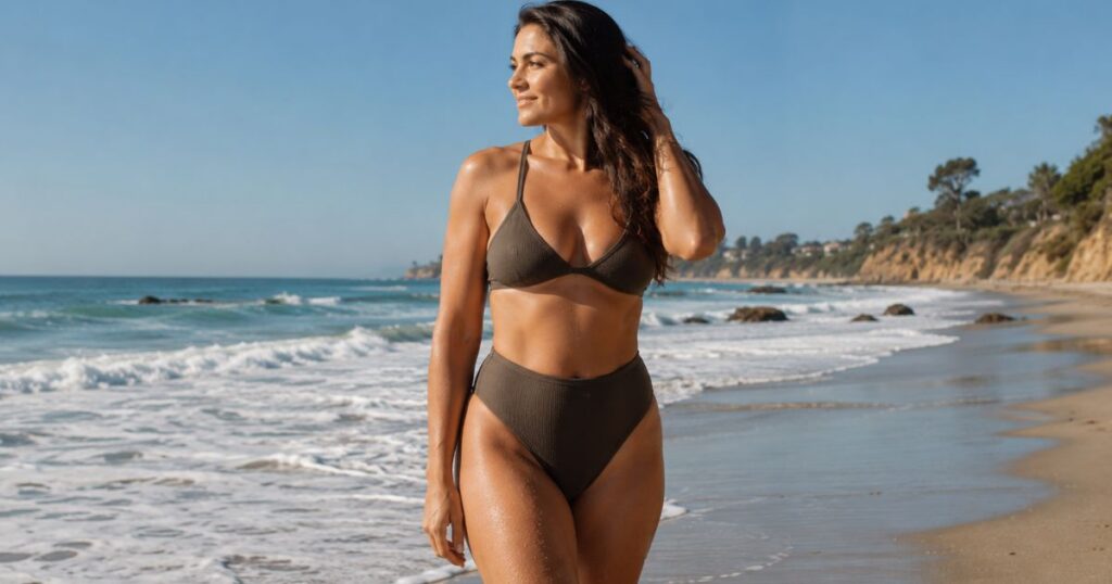 Woman in a bikini walking along the beach with a toned, confident appearance.